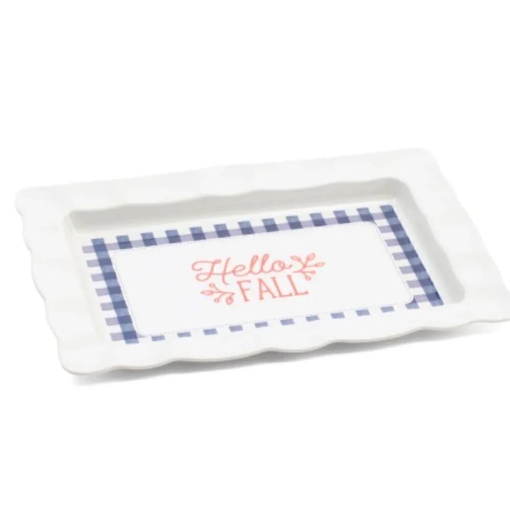 Shabby Chic Fluted Edge Gingham Border Hello Fall Melamine Serving Tray NWT